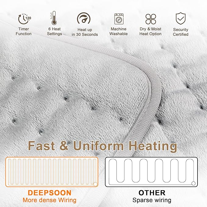 Deepsoon Heating Pad,Electric Heating Pads for Back,Neck,Moist Heating Pad for Abdomen Shoulder Knee Legs,Dry/Moist Heat&Auto Shut Off,Mother's Day Birthday for Men and Women,Light Gray,24x20 Inch