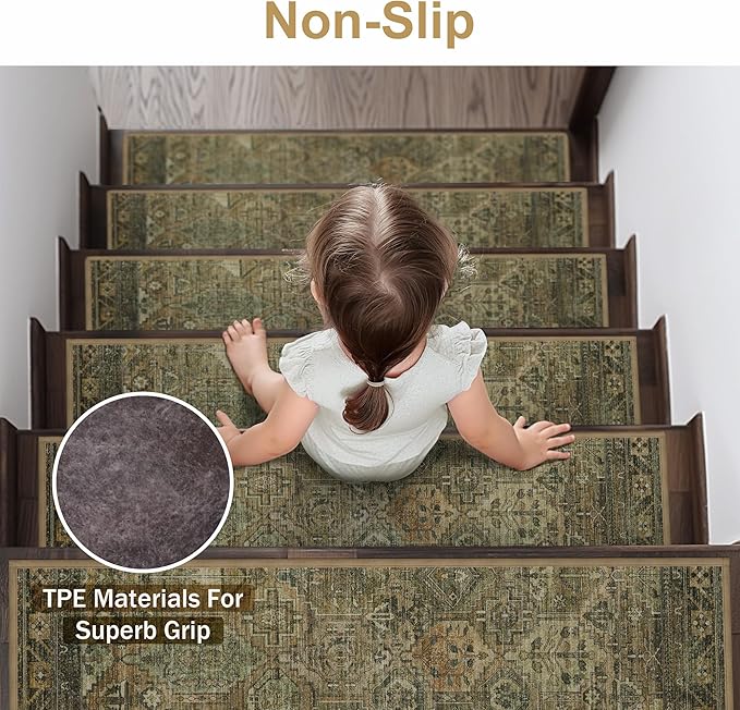 sarben Non Slip Stair Treads for Wooden Steps 15PCS - 8"x30" Indoor Safety Carpet, Edging Mats with TPE Adhesive Backing, Pet and Elderly Friendly Stair Rugs (Olive/Brown)