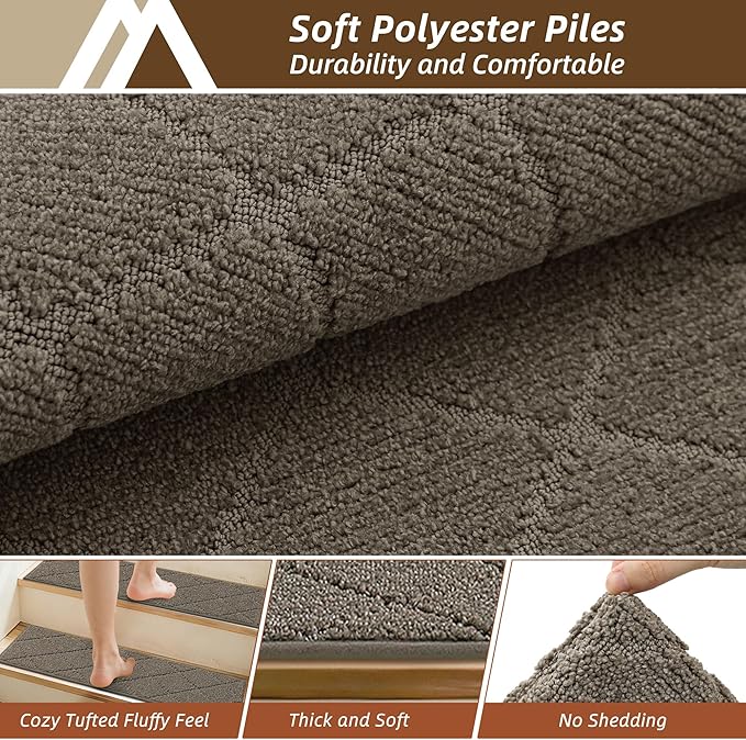 COSY HOMEER Stair Treads for Wooden Steps 9"x28" Washable Indoor Carpet Stair Treads Non Slip Soft Polyester Stair Carpet Tread Reusable Stair Runner Rugs for Kids, Elders,Pets,Light Brown,4pcs