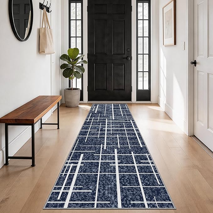 Non Slip Hallway Runner Rug 2x8,Modern Distressed Stripe, Washable Long Rug, Woven Thin Low Pile Carpet Runners for Hallway 10ft Entryway, Kitchen, Walkway- Blue