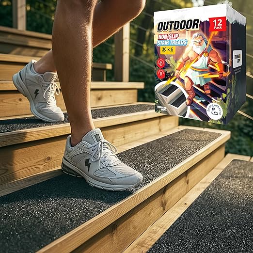 THUNDER GRIP Outdoor Stair Treads - Non Slip 30" x 6" - 12-Pack Weather Resistant Exterior Grip Tape - Anti Skid Strips - Waterproof 80-Grit Adhesive Treads