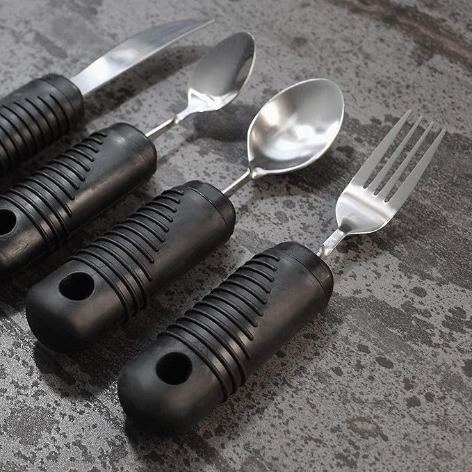Rehabilitation Advantage Easy Grip Utensil Set with Built-up Handles , Black , 4 Count (Pack of 1)