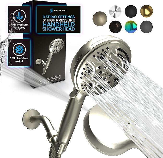 SparkPod 5 Inch Handheld Brushed Nickel Shower Head - 9 Spray Settings With On/Off Switch - Pulsating Rain Mode - Feeling Of An Oasis - Auto-Resets After Every Use - Resort Quality - Durable
