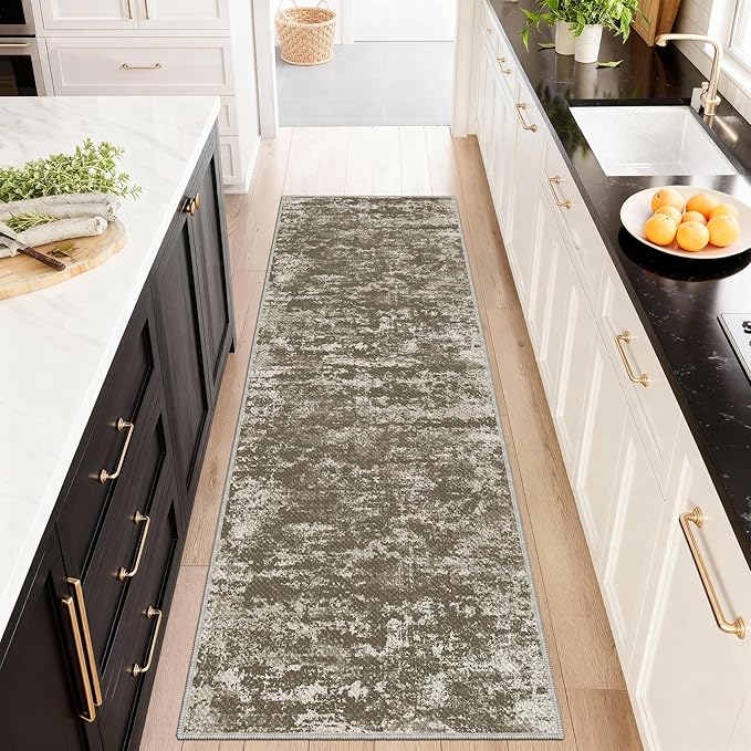 Abstract Washable Runner Rug 2x6, Brown Non-Slip Hallway Rug, Woven Non-Shedding Thin Runners for Entryway, Kitchen, Laundry Room - Deep Brown (Stain-Resistant Version, 2x6ft)