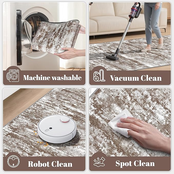 Rug Runners 2x8 Ultra Non-Slip Washable Kitchen Rug Abstract Tear and Stain Resistance No Pile Hand-Woven Style Lightweight Runners for Hallways, Entryway, Laundry Room, Bedside, Brown