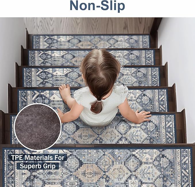 sarben Carpet Stair Treads Non Slip 15PCS, 8" X 30" Edging Stair Runner for Wooden Steps Indoor, Resistant Stair Rugs with Reusable TPE Adhesive Backing, Residue Mat for Elders, Pets, Denim/Pearl