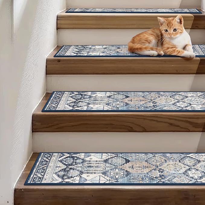sarben Carpet Stair Treads Non Slip 15PCS, 8" X 30" Edging Stair Runner for Wooden Steps Indoor, Resistant Stair Rugs with Reusable TPE Adhesive Backing, Residue Mat for Elders, Pets, Denim/Pearl