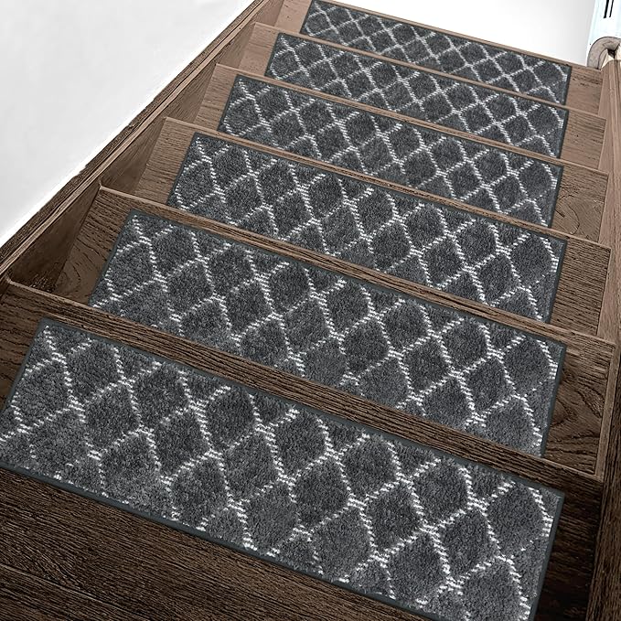 Non Slip Microfiber Stair Treads for Wooden Steps, 15PCS 8"x30" Indoor Safety Carpet, 3D Cut & Loop Tufted Edging Mats with TPE Adhesive Backing, Pet & Elderly Friendly Stair Rugs (Charcoal/White)