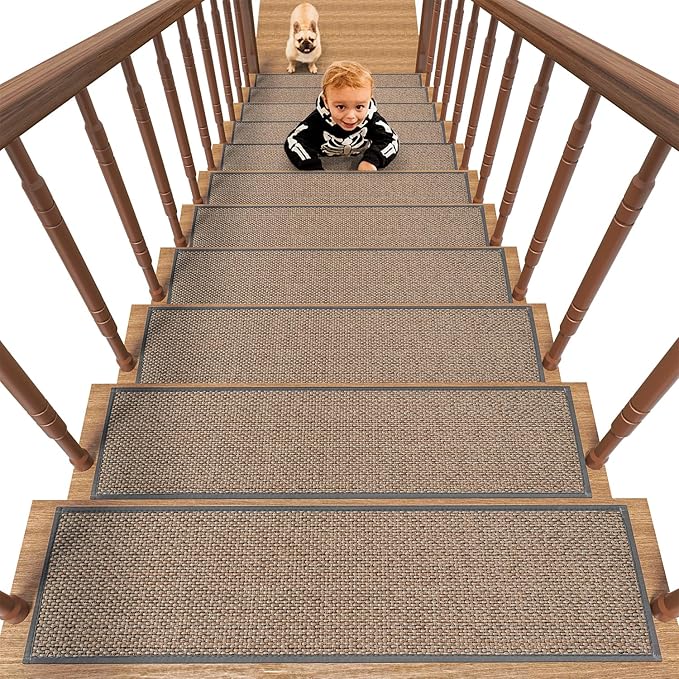 PADOOR Non Slip Stair-Treads,Rubber Backing Stair-Runners for Wooden Steps,15PCS Residue Free Carpet Stair Treads for Kids and Dogs 8"x30" Light Gray