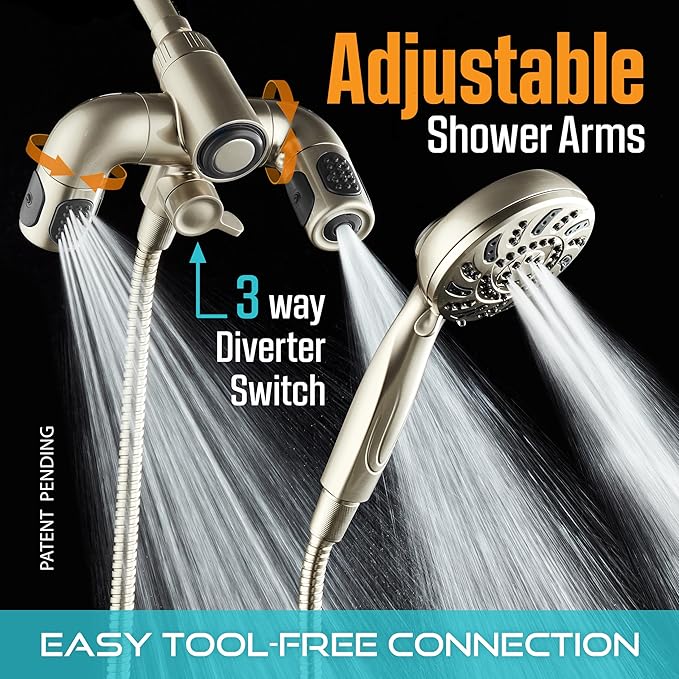 Aquadance High Pressure 156 Setting 14 Zone Shower Head & Handheld 3-way Combo System - Magnetic Docking, 314 Power Jets, Dual Adjustable Arms, 6 ft. Metal Hose, All Nickel Finish, Top American Brand