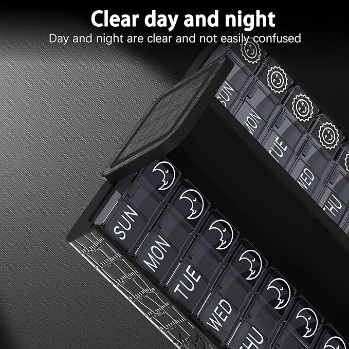 Pill Organizer 7 Day AM PM, Discreet 2 Times a Day Weekly Pill Box with Double Protection Shell, Large Capacity Portable Vitamin Case for Travel Meds & Medicine Organizer (Black)