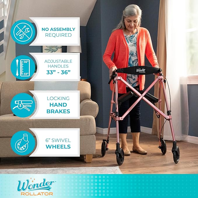 Stander Space Saver Rollator, Lightweight Folding Rolling Walker with Seat for Seniors & Adults, 4-Wheel Mobility Aid with 6-inch Wheels, Locking Brakes & Padded Seat with Backrest, Black Walnut
