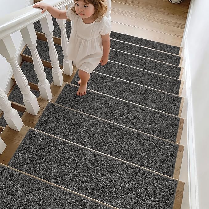 BEQHAUSE Edging Stair Treads for Wooden Steps 9" x 28", Non Slip Carpet Stair Treads Indoor Stair Runners, Soft Stair Rugs, Machine Washable, 100% Polyester, TPE Backing, 4pcs, Charcoal