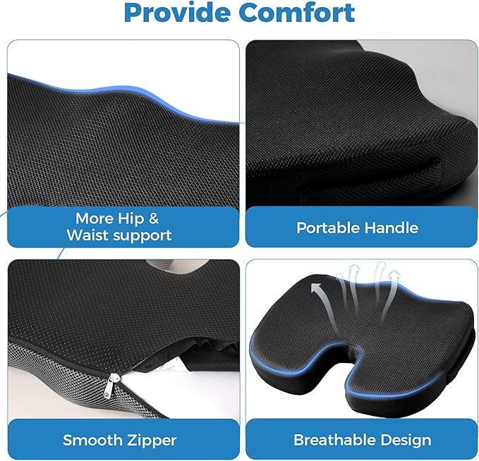 Extra Large Memory Foam Seat Cushions for Office Chairs, Car, Airplane, Wheelchair– Relieves Lumbar, Orthopedic, Sciatic, Coccyx and Back Pain – Comfortable Non-Slip – Bonus Carry Bag Included (Black)