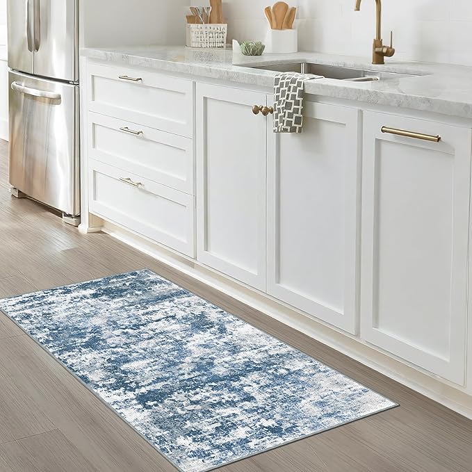 Runners for Hallways Ultra Non-Slip 2x4 Washable Kitchen Rug Abstract Tear and Stain Resistance No Pile Hand-Woven Style Lightweight Runners for Entryway, Laundry Room, Bedside, Blue