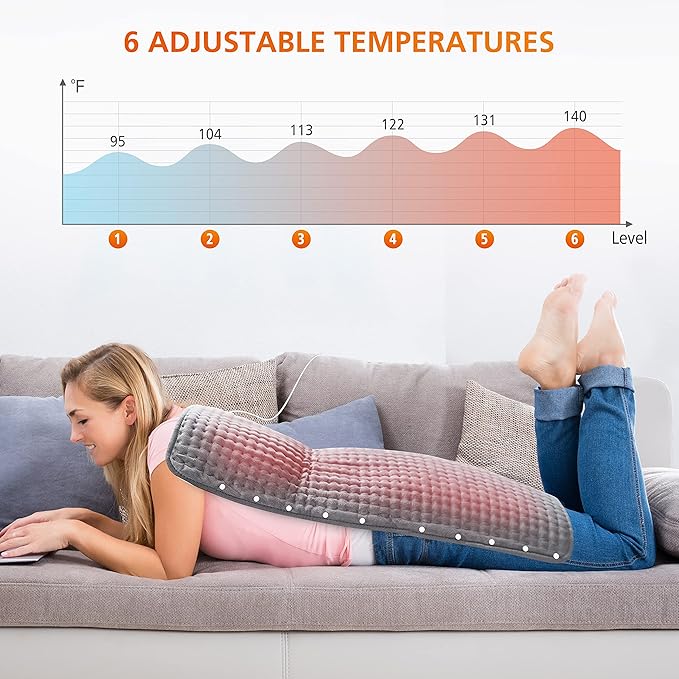 Snailax Heating Pad & Foot Warmer with 6 Temperature Settings & Auto Shut Off, 17”x33”, Washable Fast Heated Pads for Back Pain Relief,Abdomen,Feet,Back,Cramp(Grey)