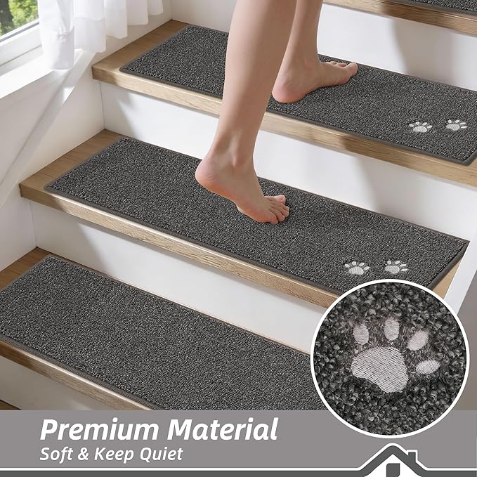 BEQHAUSE Stair Treads for Wooden Steps 28inX9in, Non Slip Carpet Stair Treads Indoor Stair Runners Machine Washable, Soft Stair Rugs Mat Surface Polyester TPE Backing, 4pcs, Charcoal