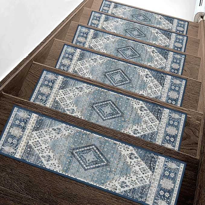 sarben Non Slip Stair Treads for Wooden Steps 15PCS - 8"x30" Indoor Safety Carpet, Edging Mats with TPE Adhesive Backing, Pet and Elderly Friendly Stair Rugs (Blue&Ivory)