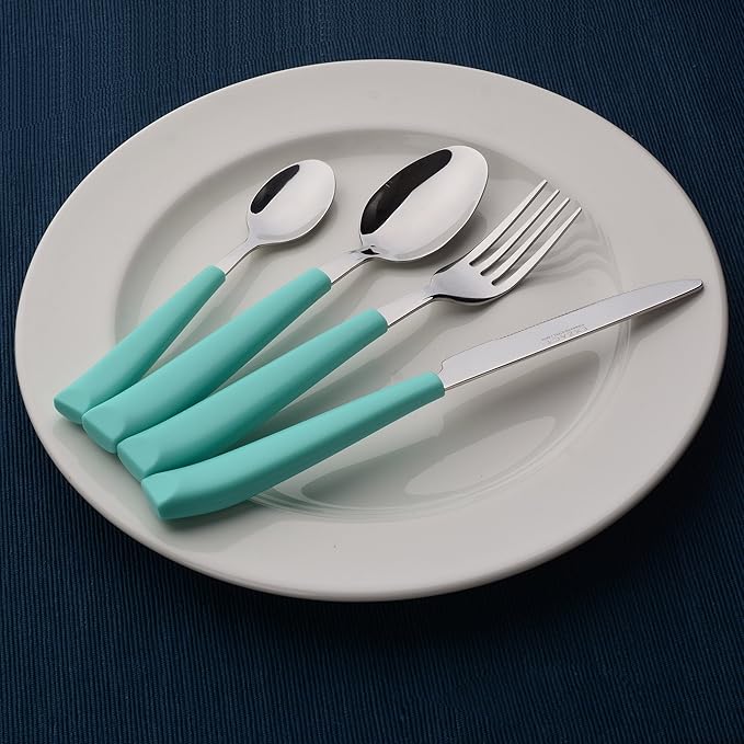 EXZACT 16-Piece Flatware Set for 4 – Colored Stainless Steel Cutlery with Wide Plastic Handles – Comfortable Tableware: Forks, Knives, Spoons, Teaspoons