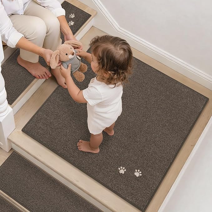 BEQHAUSE Stair Landing Rug Non-Slip 30"x30", Square Stair Landing Mats for Stairs Washable, Carpet Stair Treads Matching Mats for Wooden Steps Indoor Landing Rugs Surface Polyester TPE Backing, Brown