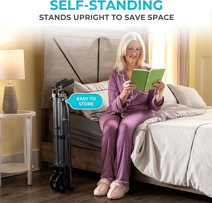 Stander Space Saver Walker, Lightweight Folding Rolling Mobility Aid for Seniors & Adults, Compact 2-Wheel Disability Device with 6-inch Wheels & Ski Glides for Walking Support, Black Walnut