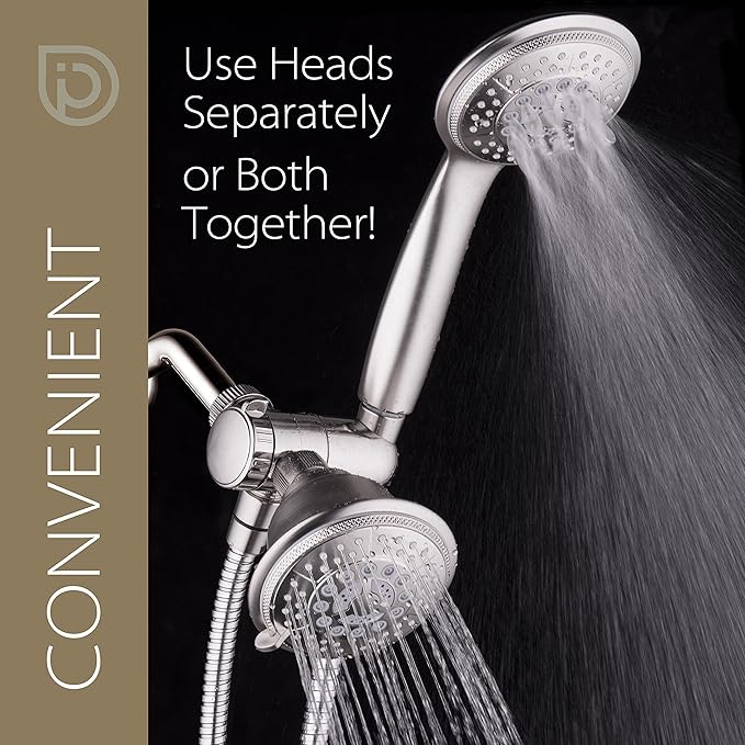 1733 Handheld Showerhead & Rain Shower Combo. High Pressure 24 Function 4" Face Dual 2 in 1 Shower Head System with Stainless Steel Hose, Patented 3-way Water Diverter in Nickel Finish