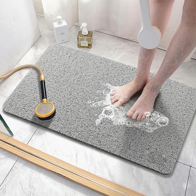 Asvin Soft Textured Bath, Shower, Tub Mat, 24x16 Inch Rectangular, Phthalate Free, Non Slip Comfort Bathtub Mats with Drain, PVC Loofah Bathroom Mat for Wet Areas, Quick Drying, Grey