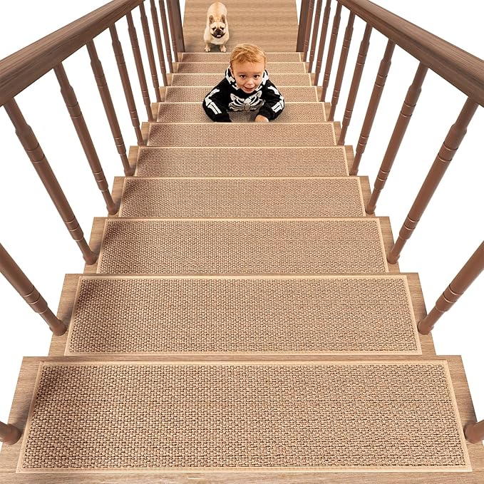 PADOOR Non Slip Stair-Treads, Rubber Backing Stair-Runners for Wooden Steps, 1PCS Residue Free Carpet Stair Treads for Kids and Dogs 8"x30" Beige