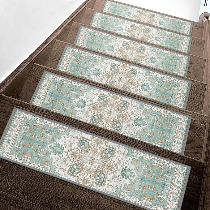 Non Slip Stair Treads for Wooden Steps 15PCS - 8"x30" Indoor Safety Carpet, Edging Mats with TPE Adhesive Backing, Pet and Elderly Friendly Stair Rugs (Cyan)