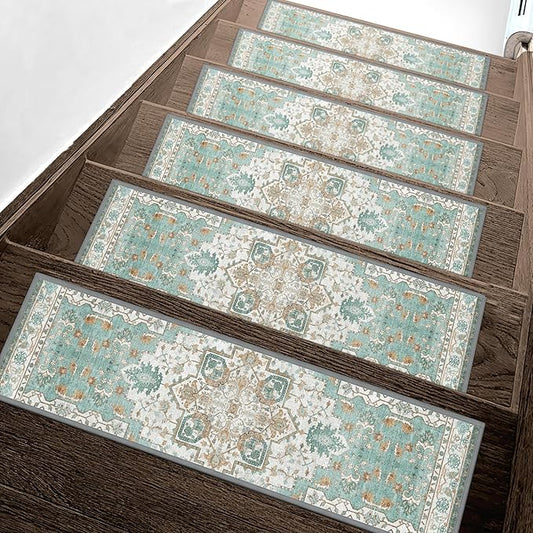 Non Slip Stair Treads for Wooden Steps 15PCS - 8"x30" Indoor Safety Carpet, Edging Mats with TPE Adhesive Backing, Pet and Elderly Friendly Stair Rugs (Cyan)