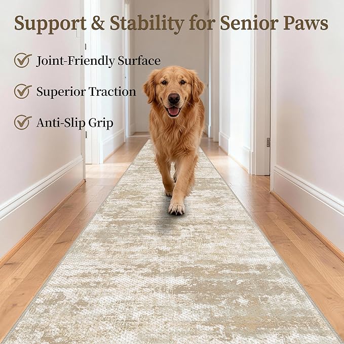 Non Slip Floor Runners for Dogs 2.6x12 Washable Runner Rug Abstract, Joint Support for Senior Dogs, Woven, Extra Grip Traction Runners for Hallway, Entryway, Walkway, Beige/Yellow