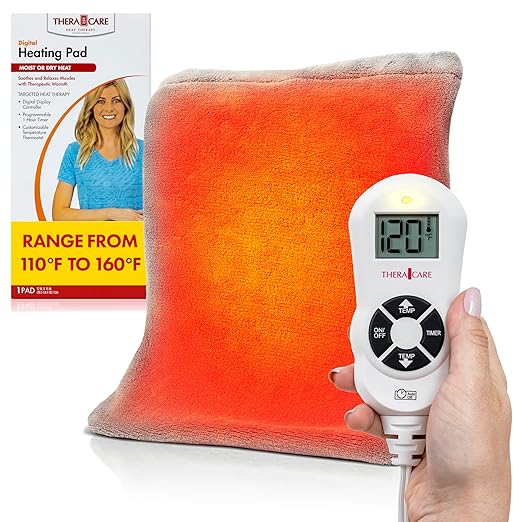 TheraCare Digital 12” x 15” Heating Pad | Moist & Dry Heat | Wide Range 110°F-160°F | Soothing Warm Relief | Personal Size 12” x 15” | Safe, Automatic Shut Off