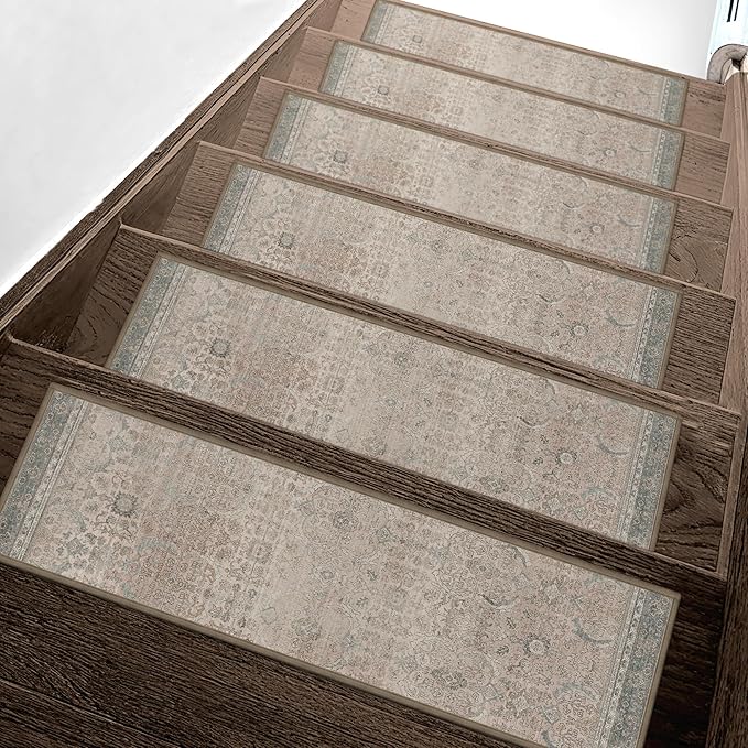 sarben Carpet Stair Treads Non Slip 15PCS, 8" X 30" Edging Stair Runner for Wooden Steps Indoor, Resistant Stair Rug with Reusable TPE Adhesive Backing, Residue Free Mat for Elders, Pets, Cameo