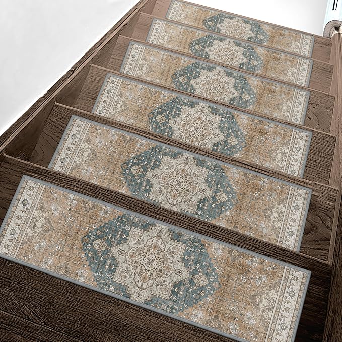 Non Slip Stair Treads for Wooden Steps 15PCS - 8"x30" Indoor Safety Carpet, Edging Mats with TPE Adhesive Backing, Pet and Elderly Friendly Stair Rugs (Blue Brown)