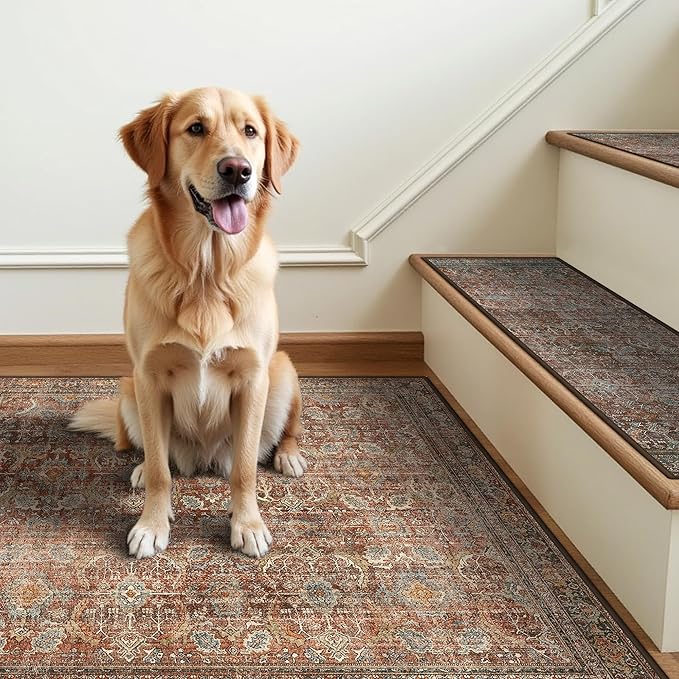 sarben Carpet Stair Treads Non Slip 1PCS, 30" X 30"Edging Stair Runner for Wooden Steps Indoor, Resistant Stair Rugs with Reusable TPE Adhesive Backing, Residue Free Mat for Kids,Pets,Rust & Brown