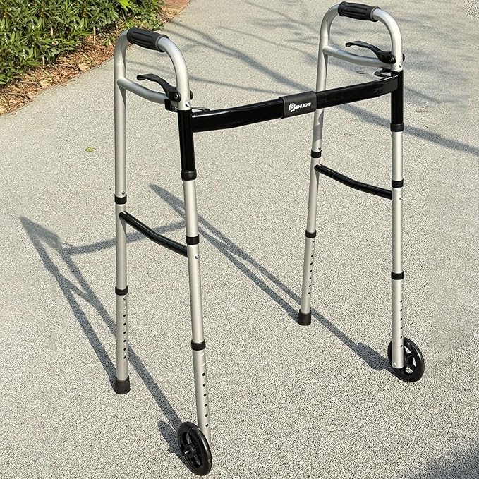 Whlicks Folding Walkers for Seniors,Aluminum Lightweight Walkers with Wheels, Adjustable Width and Height Front Wheel Walker for Elderly and Disabled, Supports up to 350 lbs
