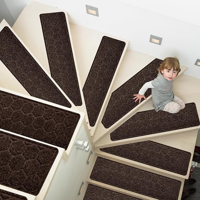 15 Pack 8 "X 30" Non-Slip Carpet Stair Treads for Indoor Wooden Steps, Made of Polyester and Reusable Adhesive, Suitable for Kids Elders and Pets（Brown Hexagon）