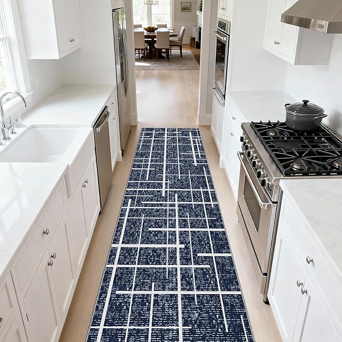 Non Slip Hallway Runner Rug 2x10, Blue Modern Distressed Stripe, Washable Long Rug, Woven Thin Low Pile Carpet Runners for Hallway 10ft Entryway, Kitchen, Walkway- Blue