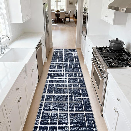 Non Slip Hallway Runner Rug 2x10, Blue Modern Distressed Stripe, Washable Long Rug, Woven Thin Low Pile Carpet Runners for Hallway 10ft Entryway, Kitchen, Walkway- Blue