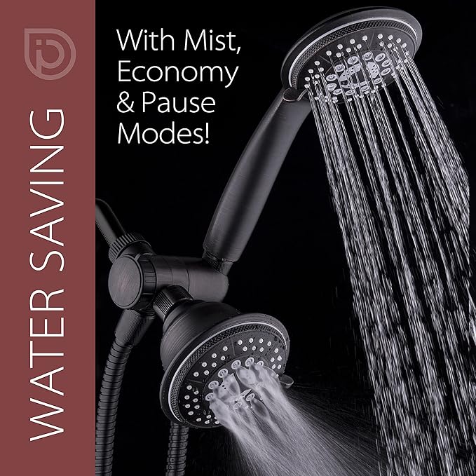 1753 Handheld Showerhead & Rain Shower Combo. High Pressure 24 Function 4" Face Dual 2 in 1 Shower Head System with Stainless Steel Hose, Patented 3-way Water Diverter in Oil Rubbed Bronze