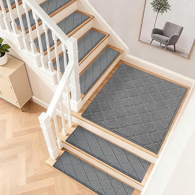 COSY HOMEER Stair Landing Rugs Non-Slip Corner Indoor Edging Stair Treads for Wooden Steps,Washable Soft Stair Landing Mat for Kids,Elder and Dogs,Polyester,TPE Backing,Medium Grey,30x30inch