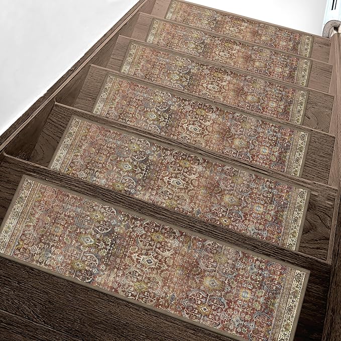 sarben Carpet Stair Treads Non Slip 15PCS, 8" X 30" Edging Stair Runner for Wooden Steps Indoor, Resistant Stair Rug with Reusable TPE Adhesive Backing, Residue Free Mat for Elders, Pets, Burgundy