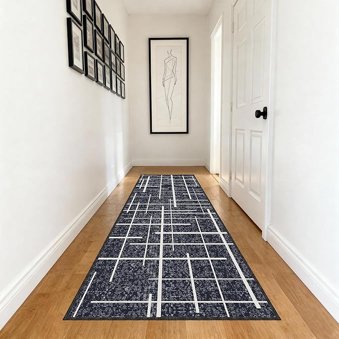 Modern Kitchen Runner Rug Non Slip 2.6x8, Washable Distressed Stripe, Hallway Runner, Woven Thin Low Pile Carpet Runners for Hallway 8ft Entryway, Kitchen, Walkway- Midnight Black