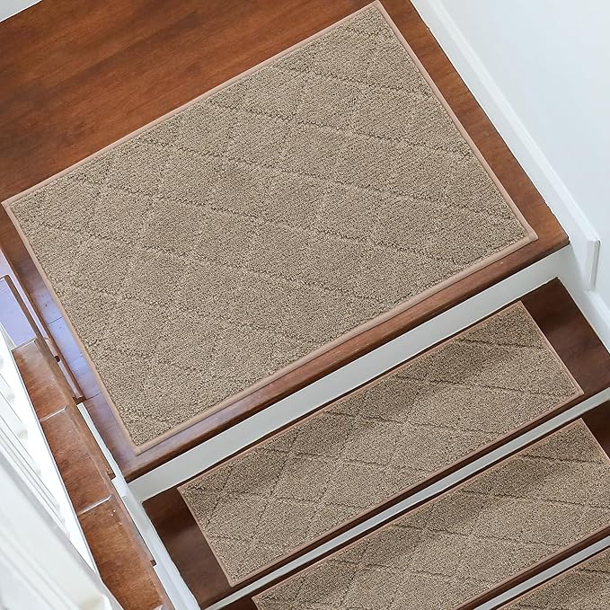 COSY HOMEER Stair Landing Rug Non-Slip 20"x32" Stair Treads for Wooden Steps,Washable Peel and Stick Stair Treads Matching Mats,Pet Friendly Soft Reusable Stair Landing Mat for Kids and Elders,Beige