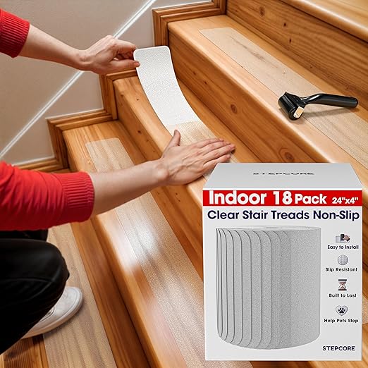 Clear Non Slip Stair Treads for Wooden Steps Indoor 24"x4" – 18-Pack Peel Stick Stair Treads – Self Adhesive Transparent Step Covers – Stair Grip Tape for Dogs, Kids – by STEPCORE
