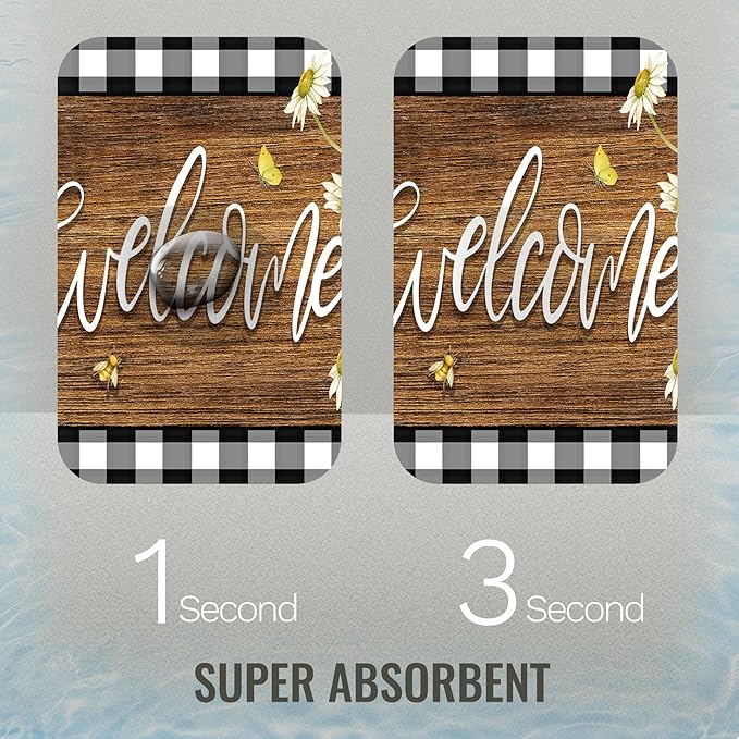 Quick Dry Bath Mat for Bathroom,Super Absorbent Sunflower Welcome Welcome Bath Rug Non-Slip Rubber,Machine Washable Bathroom Floor Mat for Shower, Tub, Sink Area Black and White Checked Wooden 16x24