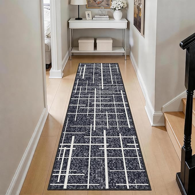 Non Slip Hallway Runner Rug 2x8,Modern Distressed Stripe, Washable Long Rug, Woven Thin Low Pile Carpet Runners for Hallway 10ft Entryway, Kitchen, Walkway- Midnight Black