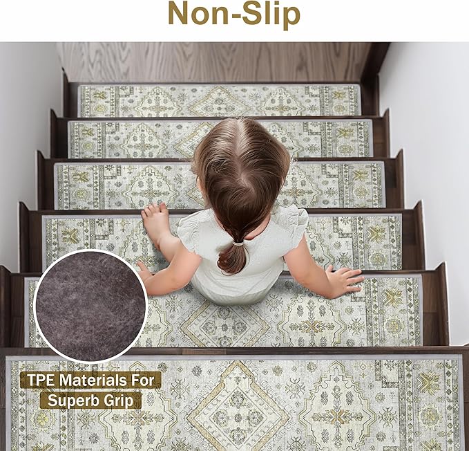 sarben Non Slip Stair Treads for Wooden Steps 15PCS - 8"x30" Indoor Safety Carpet, Edging Mats with TPE Adhesive Backing, Pet and Elderly Friendly Stair Rugs (Grayish)