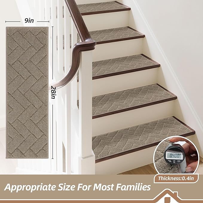 BEQHAUSE Edging Stair Treads for Wooden Steps 9" x 28", Non Slip Carpet Stair Treads Indoor Stair Runners, Soft Stair Rugs, Machine Washable, 100% Polyester, TPE Backing, 4pcs, Beige