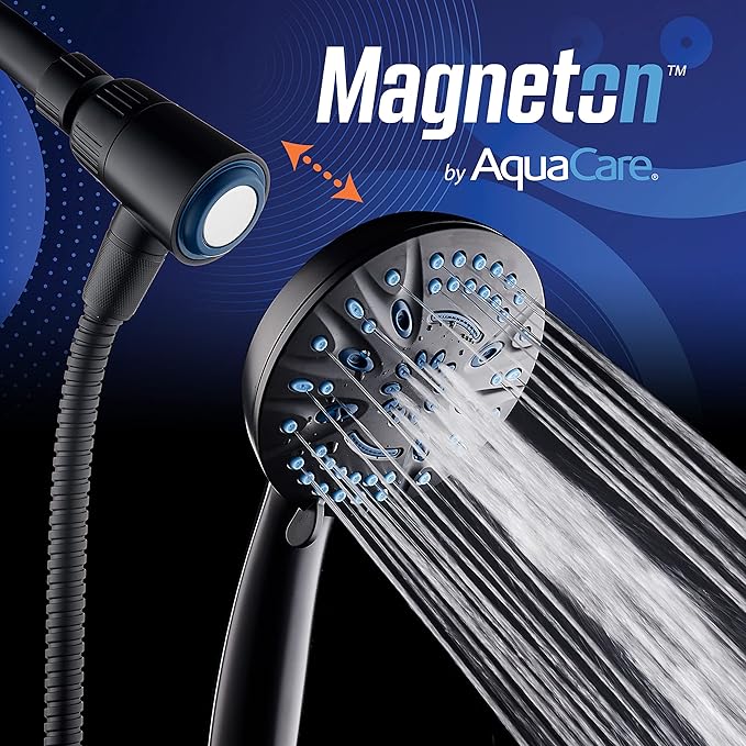AquaCare Magneton High-Pressure 8-mode Handheld Shower Head with Magnetic Guidance Docking System - 2 Magnetic Brackets, 5 inch Face, Hygienic Jets, 6 ft. Stainless Steel Hose/Matte Black Finish